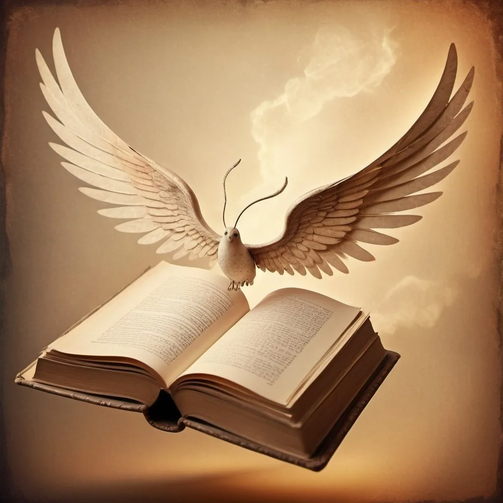 Prompt: Flying book with elegant wings, magical realism, surreal, antique paper texture, high quality, detailed illustration, vintage style, warm tones, soft lighting