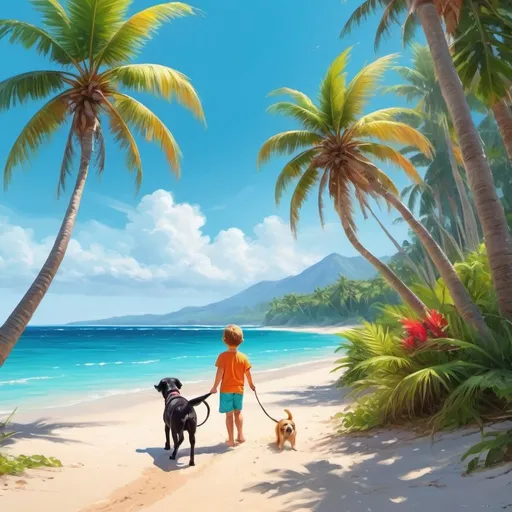 Prompt: Tropical beach landscape, vibrant palm trees, pristine sandy shore, crystal clear azure waters, lush tropical foliage, high quality, digital painting, vibrant colors, natural lighting with kid and dog playing