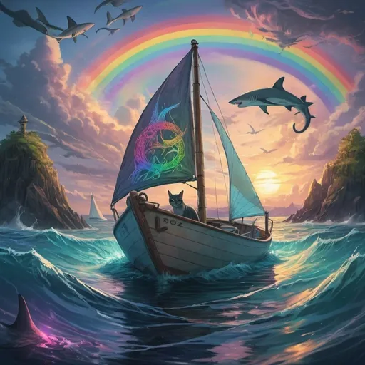 Prompt: anime, cat in a sailboat, sharks in the water, island in the background, rainbow, ambient light, light glowing in the water, high detail, runes, lovecraftian horror, crawling chaos