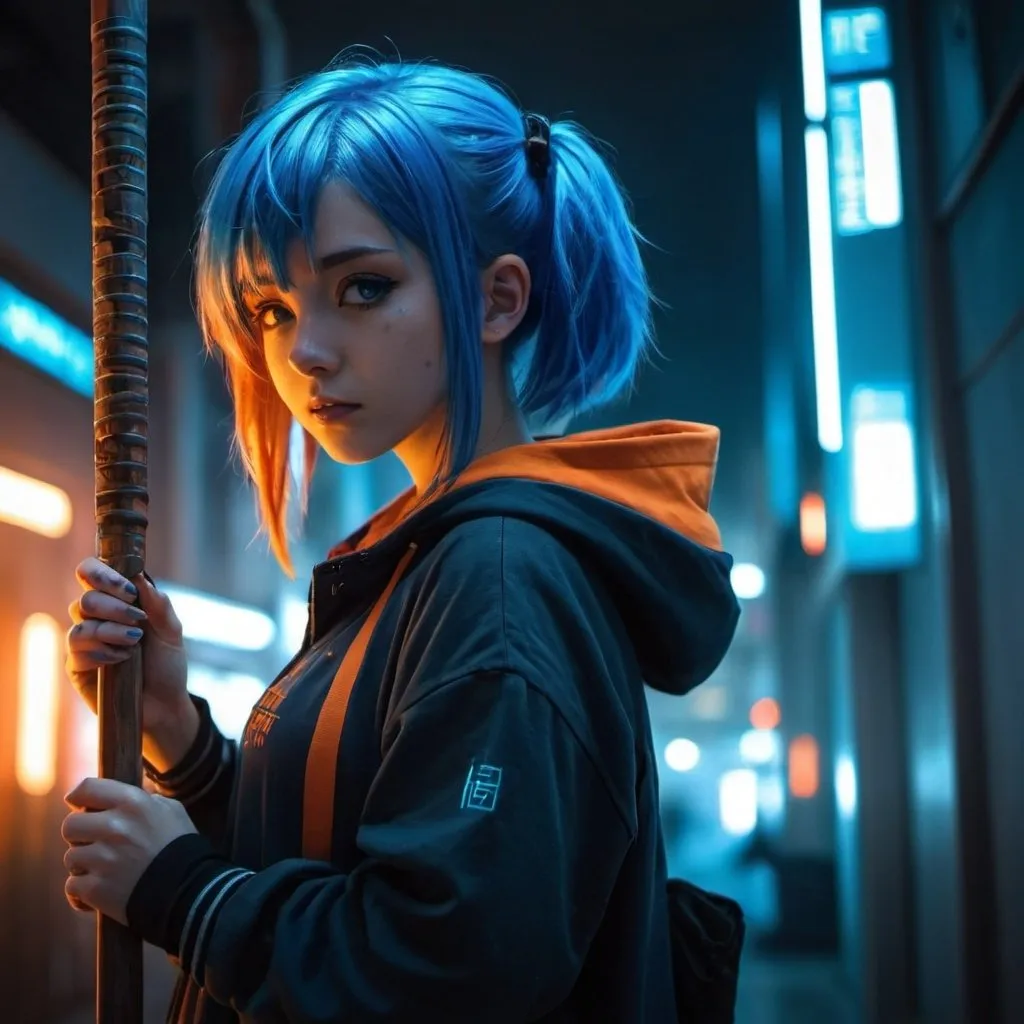 Prompt: anime, young girl, blue hair, orange hair highlights, ambient light, magical staff, cyberpunk