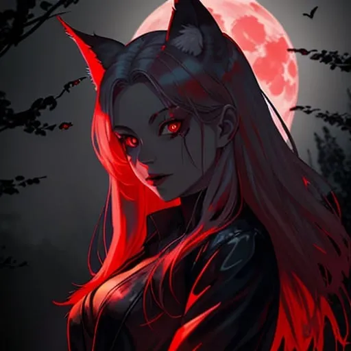 Prompt: vampire, glowing red eyes, young woman, wolf ears, high detail, ambient light, foggy night, full moon, red moon, mystical aura