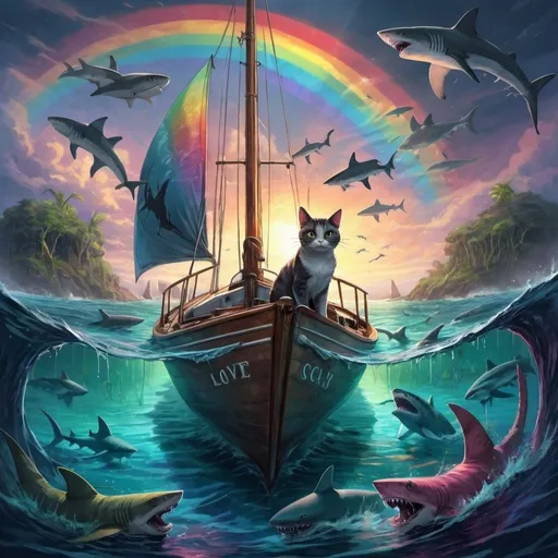 Prompt: anime, cat in a sailboat, sharks in the water, island in the background, rainbow, ambient light, light glowing in the water, high detail, runes, lovecraftian horror, crawling chaos