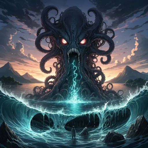 Prompt: anime, island in the background, ambient light, light glowing in the water, high detail, runes, encroaching darkness, crawling chaos, tentacle monster, sky cracked open to another dimension, dimensional rift, insanity