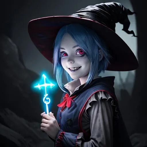 Prompt: little girl, witch, ambient light, glowing red eyes, blue hair, details runes, high quality, wicked grin, anime