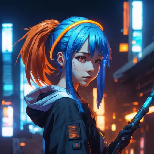 Prompt: anime, young girl, blue hair, orange hair highlights, ambient light, magical staff, cyberpunk