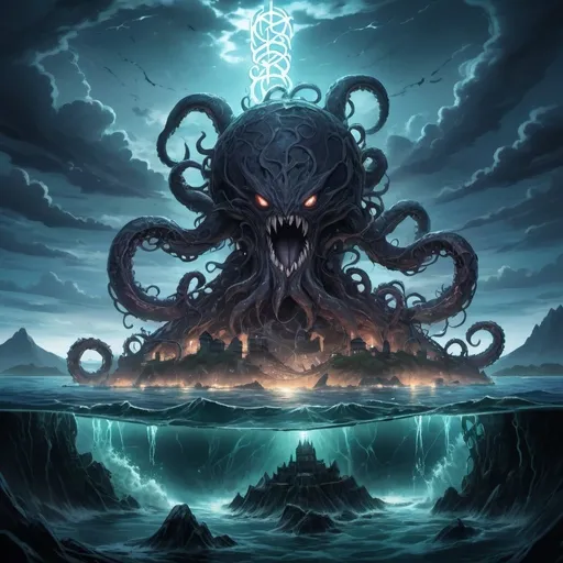 Prompt: anime, island in the background, ambient light, light glowing in the water, high detail, runes, encroaching darkness, crawling chaos, tentacle monster, cracked sky, dimensional rift, insanity