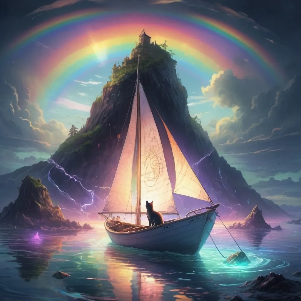 Prompt: anime, cat in a sailboat, island in the background, ethereal rainbow, ambient light, light glowing in the water, high detail, runes, H. P. Lovecraft theme, crawling chaos