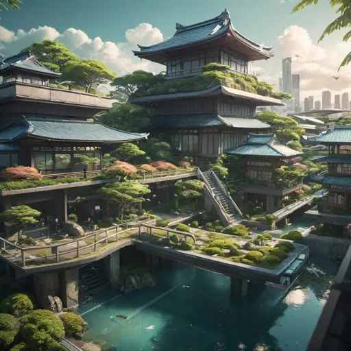 Prompt: futuristic, rooftop Japanese garden, chillwave, solarpunk, tropical island, ultra detailed, cinematic lighting, photorealistic, realistic details, wide view, flying cars