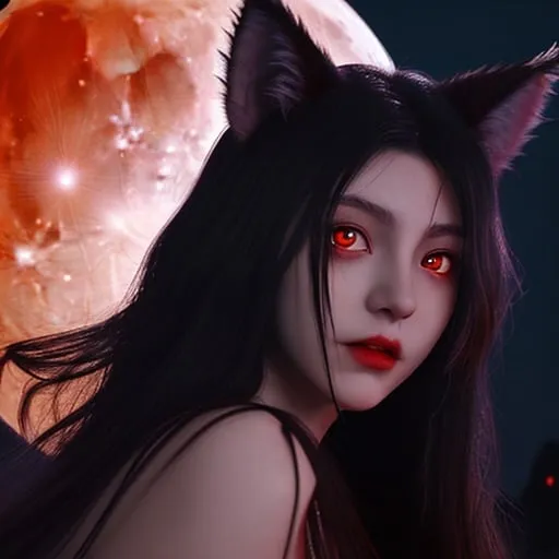 Prompt: vampire, glowing red eyes, young woman, wolf ears, high detail, ambient light, foggy night, full moon, red moon, mystical aura, anime