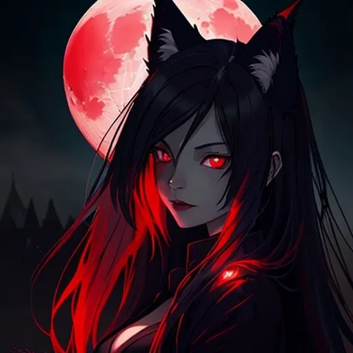 Prompt: vampire, glowing red eyes, young woman, wolf ears, high detail, ambient light, foggy night, full moon, red moon, mystical aura, anime