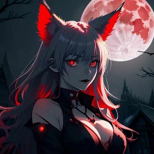 Prompt: vampire, glowing red eyes, young woman, wolf ears, high detail, ambient light, foggy night, full moon, red moon, mystical aura, anime