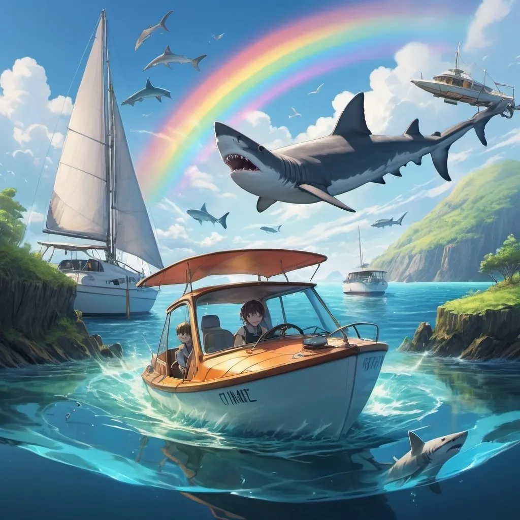 Prompt: anime, cat in a sailboat, sharks in the water, island in the background, flying cars, rainbow, ambient light, light glowing in the water, high detail, runes