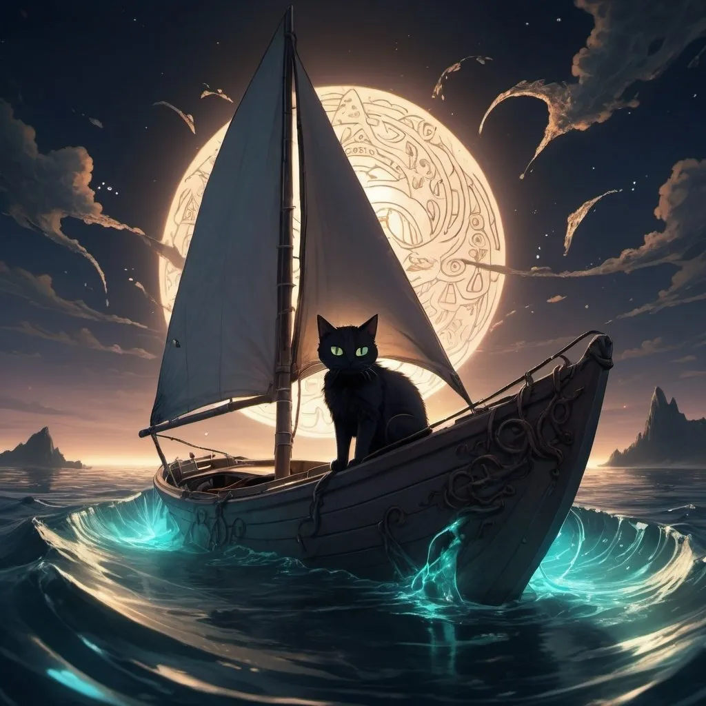 Prompt: anime, cat in a sailboat, island in the background, ambient light, light glowing in the water, high detail, runes, encroaching darkness, crawling chaos, tentacle monster, sky cracked open to another dimension, dimensional rift