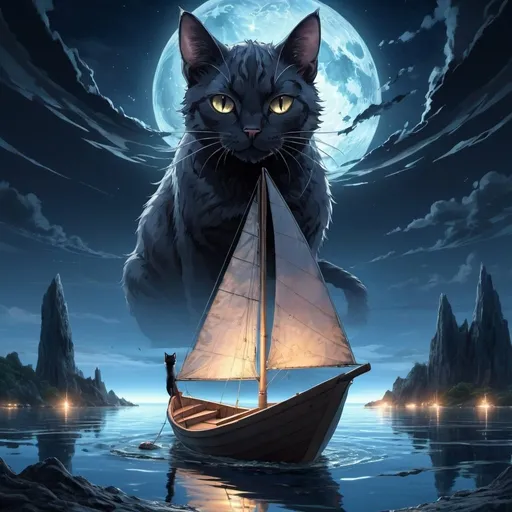 Prompt: anime, cat in a sailboat, island in the background, ambient light, light glowing in the water, high detail, runes, encroaching darkness, crawling chaos, sky cracked open to another dimension, dimensional rift