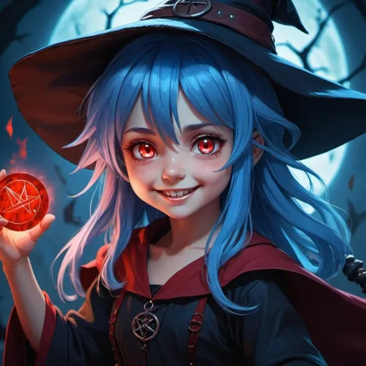 Prompt: little girl, witch, ambient light, glowing red eyes, blue hair, details runes, high quality, wicked grin, anime