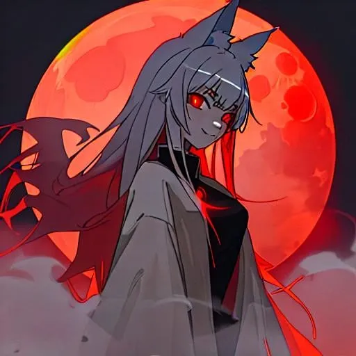 Prompt: vampire, glowing red eyes, young woman, wolf ears, high detail, ambient light, foggy night, full moon, red moon, mystical aura, anime