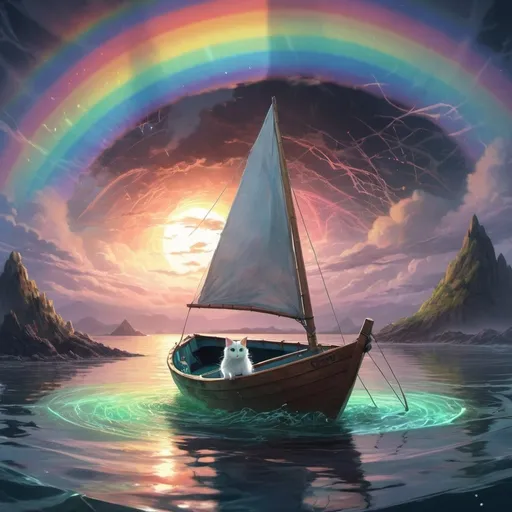 Prompt: anime, cat in a sailboat, island in the background, ethereal rainbow, ambient light, light glowing in the water, high detail, runes, H. P. Lovecraft theme, crawling chaos, sky cracked open to reveal a giant eye, the abyss stares back