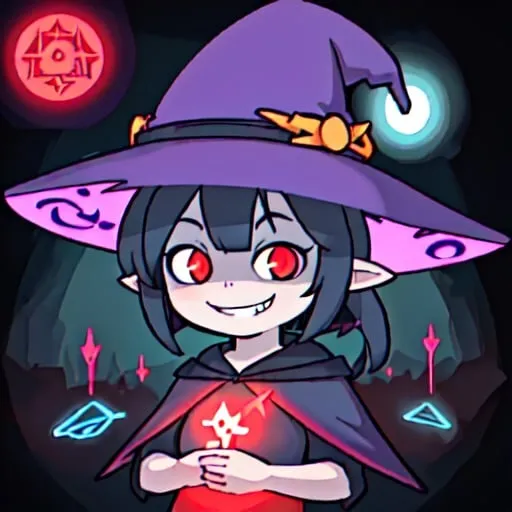 Prompt: cute, witch, little girl, magic hat, high detail runes, ambient light, glowing eyes, demonic grin