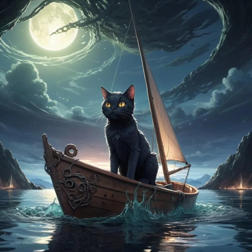 Prompt: anime, cat in a sailboat, island in the background, ambient light, light glowing in the water, high detail, runes, encroaching darkness, crawling chaos, tentacle monster, sky cracked open to another dimension, dimensional rift