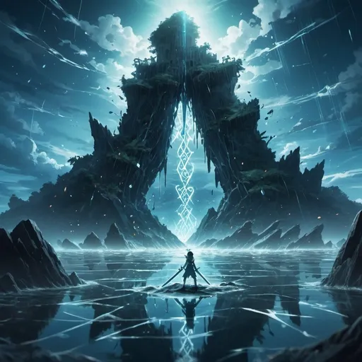 Prompt: anime, island in the background, ambient light, light glowing in the water, high detail, runes, encroaching darkness, crawling chaos, sky like broken glass, dimensional rift, insanity, impossible physics, swords