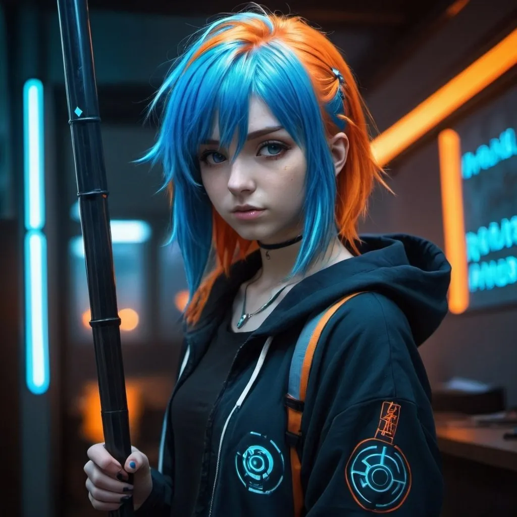 Prompt: anime, young girl, blue hair, orange hair highlights, ambient light, magical staff, cyberpunk