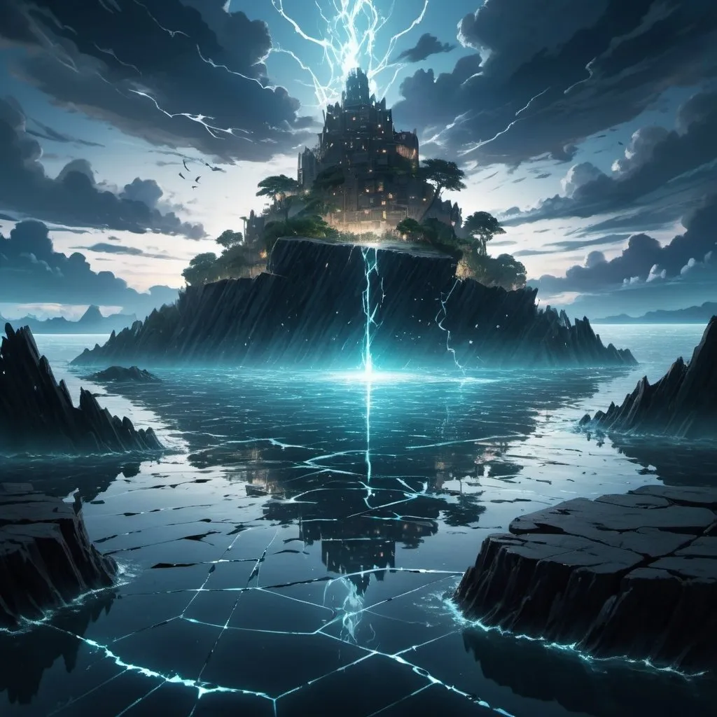 Prompt: anime, island in the background, ambient light, light glowing in the water, high detail, runes, encroaching darkness, crawling chaos, cracked sky, dimensional rift, insanity, impossible physics