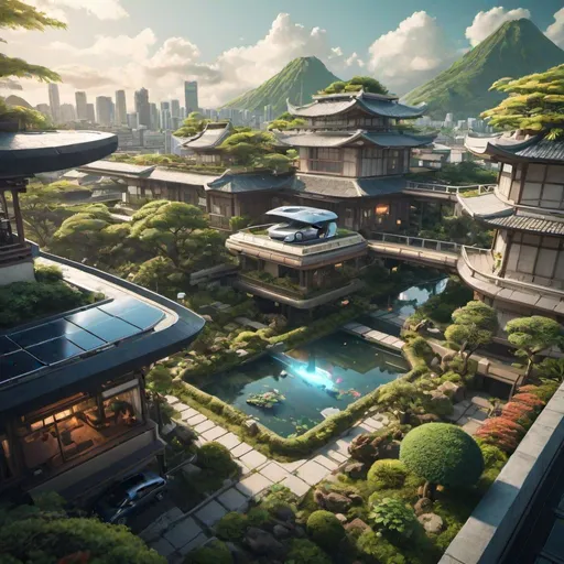 Prompt: futuristic, rooftop Japanese garden, chillwave, solarpunk, tropical island, ultra detailed, cinematic lighting, photorealistic, realistic details, wide view, flying cars