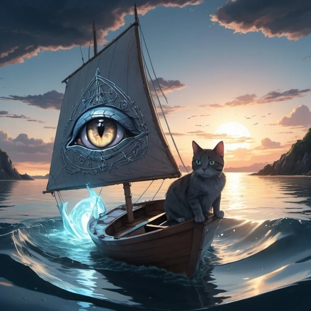 Prompt: anime, cat in a sailboat, island in the background, ambient light, light glowing in the water, high detail, runes, gibbering insanity, crawling chaos, sky cracked open to another dimension, dimensional rift, eye in the sky