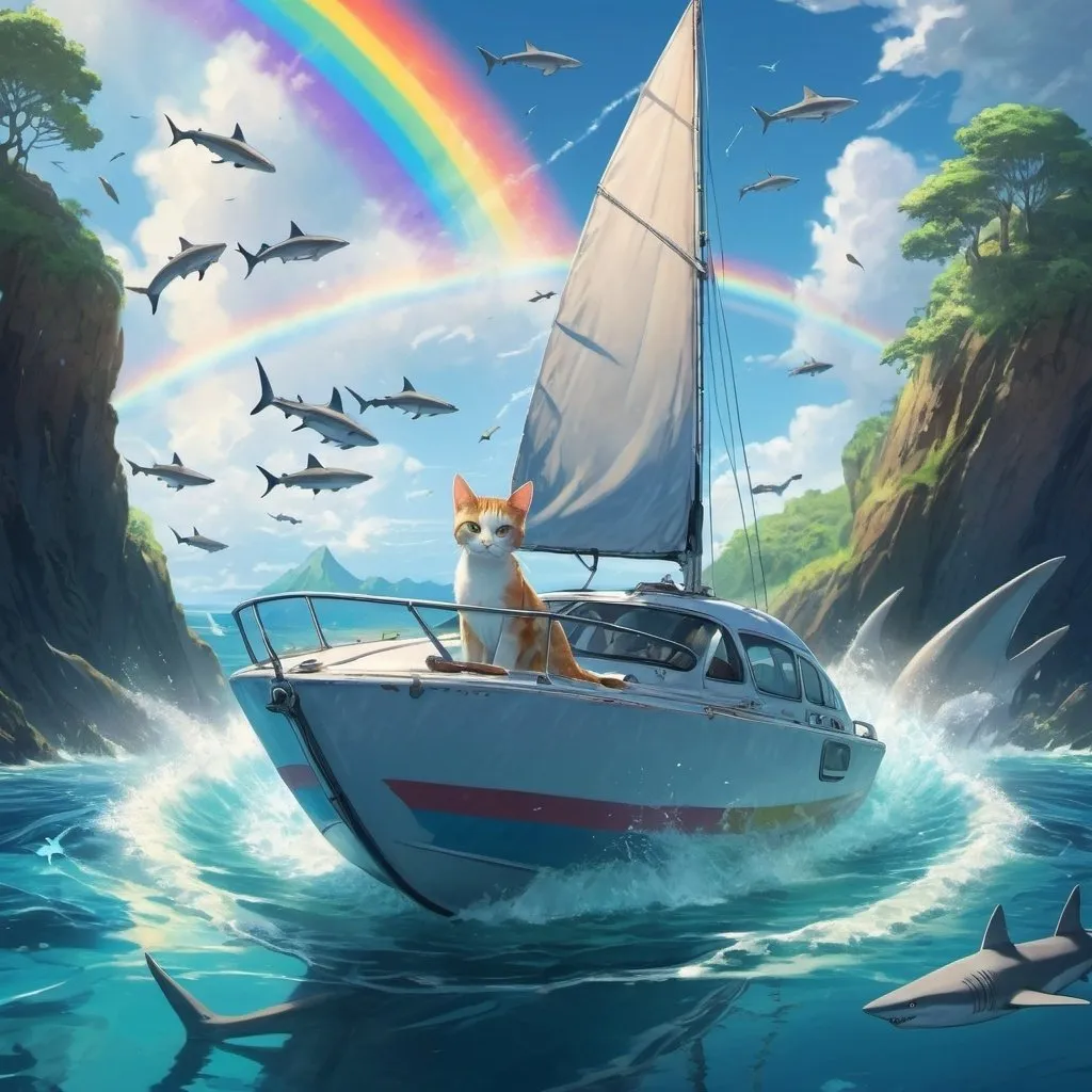 Prompt: anime, cat in a sailboat, sharks in the water, island in the background, flying cars, rainbow, ambient light, light glowing in the water, high detail, runes