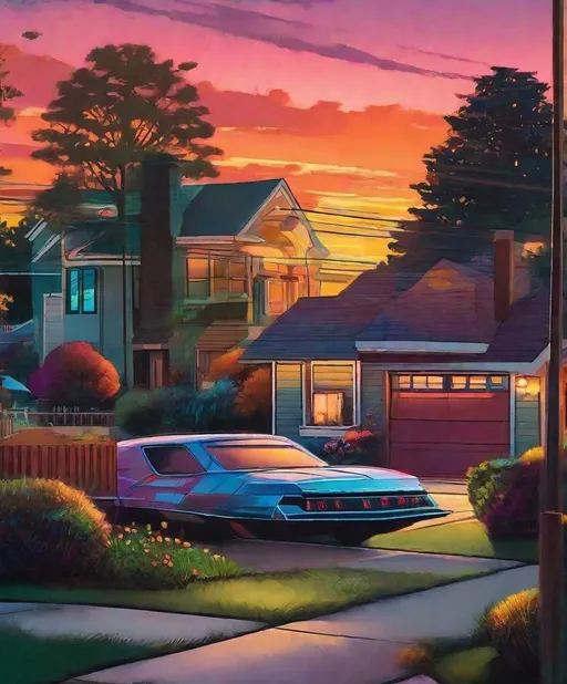 Prompt: garage sale adventures capturing the most amazing art cat style by Karen Kuykendall, futuristic suburban landscape at sunset 