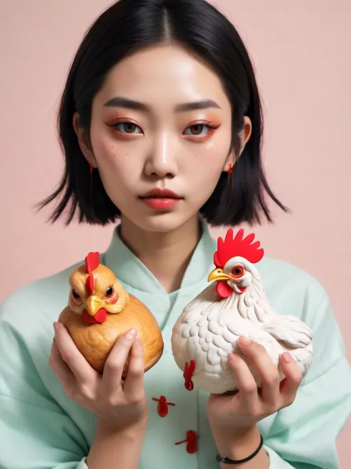 Prompt: a woman in holding buns and metaphorical chicken, asian-inspired, cartoon-inspired pop, drugcore, focus on joints/connections, in the style of asian-inspired, minimalist beauty, playful poses, poolcore