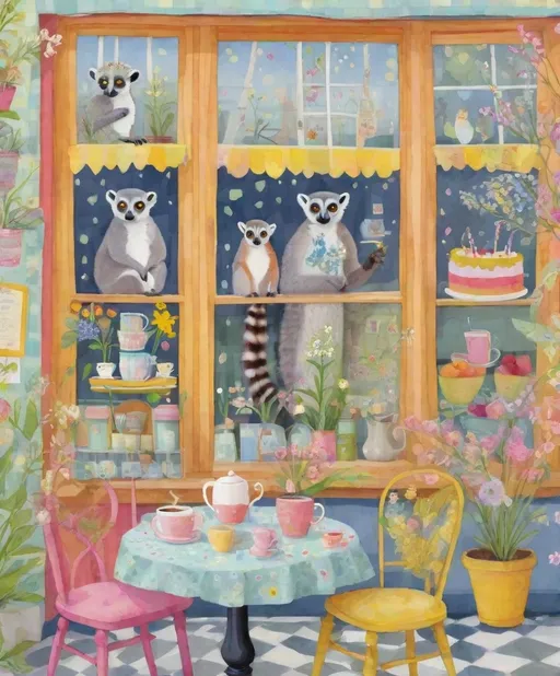 Prompt: a painting shows a lemur coffee shop , in the style of lucy grossmith and victoria ball, colorful patchwork, chic illustrations, bright spring colors, floralpunk, windows vista, use of fabric