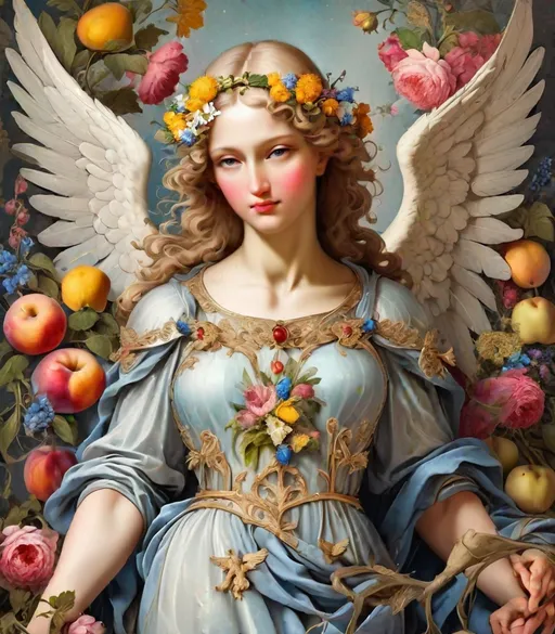 Prompt: wonderful archangel with beautiful flowers fruits and wings medieval grunge 