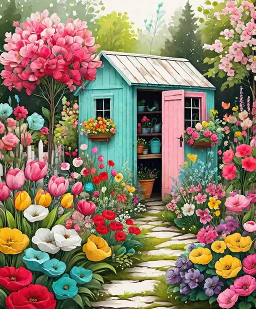 Prompt: textile garage sale trash polka art, large beautiful flower garden, cute little garden shed, Spring