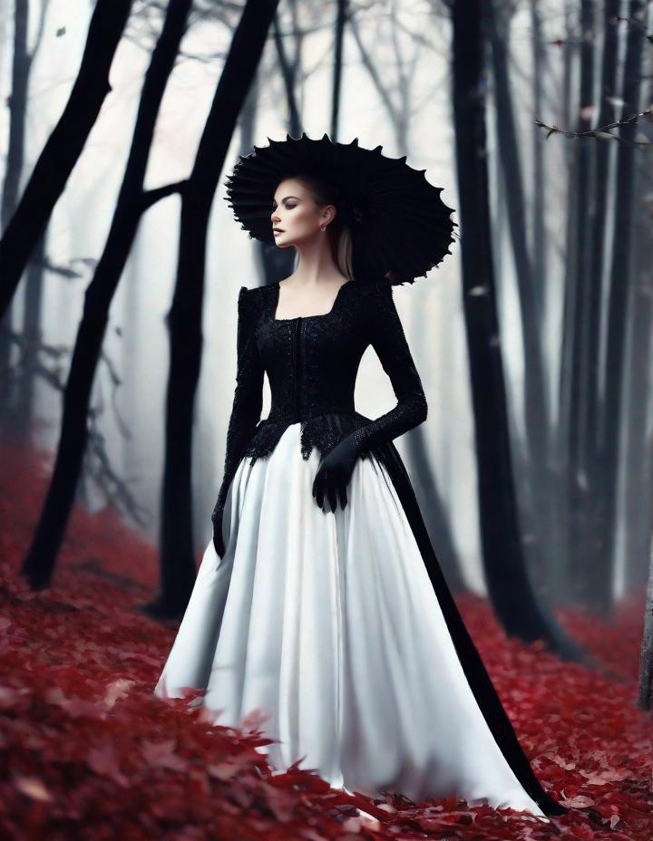 Prompt: A beautiful young lady, beautiful face, wearing black fancying dress in a ghostly forest of white stem trees with red leaves art by  Rebeca Saray, Yves Saint-Laurent, Paolo Roversi, Thomas Edwin Mostyn, Hiro isono, James Wilson Morrice, Axel Scheffler, Gerhard Richter, pol Ledent, Robert Ryman. Guache Impasto and volumetric lighting. Mixed media, elegant, intricate, beautiful, award winning, fantastic view, 4K 3D, high definition, hdr, focused, iridescent watercolor and ink