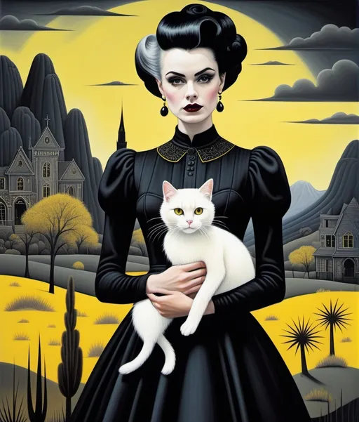 Prompt: Ghostly eccentric young lady, rockabilly fashion hair style, wearing a strange asymmetrical black dress with white random stitches, holding a creepy cute yellow cat, Vladimir Tretchikoff, Omar Galliani, Ruben Ireland, Paolo Uccello, a gothic dreamy landscape background by Sam Chivers, piercing odd colored eyes