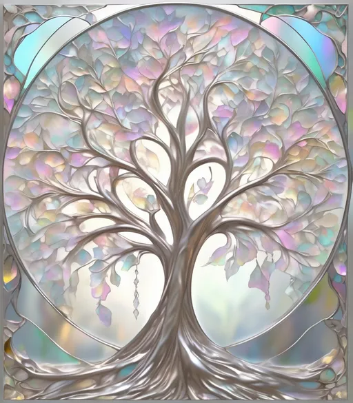 Prompt:  silver and light bronze metallic tree made of delicate pastel flower bouquets and ethereal vines, in the style of luminous pastel-colored stained glass, iridescent pastels, metallic etherealism, in the style of layered translucency, intricate, delicate flowers, breathtakingly beautiful, hyper-detailed, high clarity, crisp and clean, sharp focus, digital mixed media, glossy finish, delicate fragility juxtaposed against a medieval grunge background