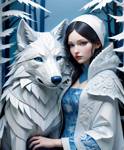 Prompt: the patchwork beautiful young lady and her loyal companion the Big white Winter wolf. paper cutout, washi paper, cardboard relief, detailed, fern leaves, Snow, by artgerm, Megan duncanson, James Jean, shaun tan, madoka magica, by kay nielsen, embossing fairy tale, whimsical, trending on artstation. Super clear resolution, elegant beautiful, lovely, best quality, beautifully lit, vray tracing, gradient chrome Blue