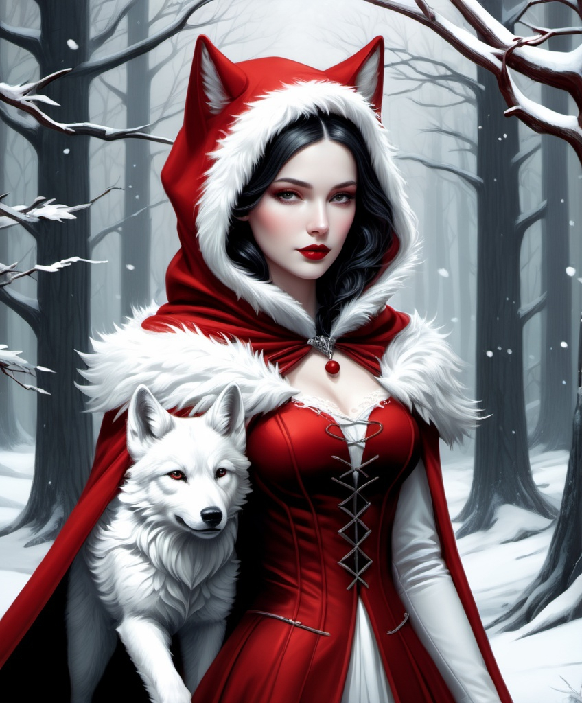 Prompt: The beautiful Red Riding Hood is in love with the anthropomorphic Big white Winter wolf boy , detailed, fern leaves, Snow, by artgerm, tom bagshaw, Megan duncanson, James Jean, shaun tan, madoka magica, by kay nielsen, embossing fairy tale, whimsical, trending on artstation. Super clear resolution, elegant beautiful, lovely, best quality, beautifully lit, vray tracing