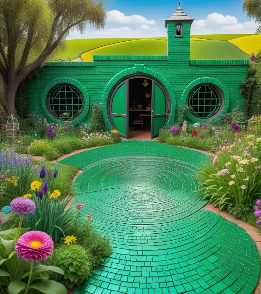 Prompt: The backyard of the wizard of OZ is full of green Smaragd mirrored bricks and magical flowers, english witches garden,crop circles plantig with Dorothy and the tin man 