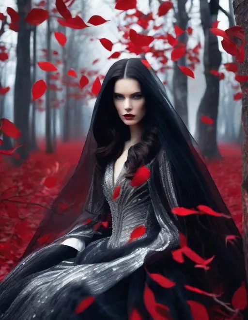 Prompt: A beautiful young lady, beautiful face, wearing black/silver dress in a ghostly forest of white stem trees with red leaves art by  Rebeca Saray, Yves Saint-Laurent, Paolo Roversi, Thomas Edwin Mostyn, Hiro isono, James Wilson Morrice, Axel Scheffler, Gerhard Richter, pol Ledent, Robert Ryman. Guache Impasto and volumetric lighting. Mixed media, elegant, intricate, beautiful, award winning, fantastic view, 4K 3D, high definition, hdr, focused, iridescent watercolor and ink