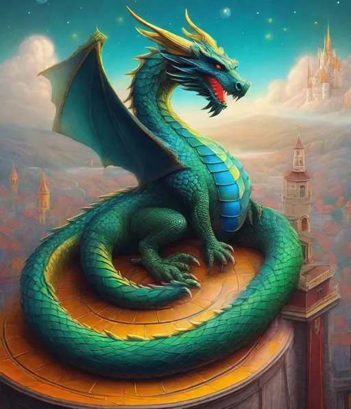 Prompt: heliocentric dragon perched a top a castle: in the style of alcoholinks, vibrant'colors, Science Fantasy, Luminism: art by Anton Semenov, Carl Ray, Fernando Botero