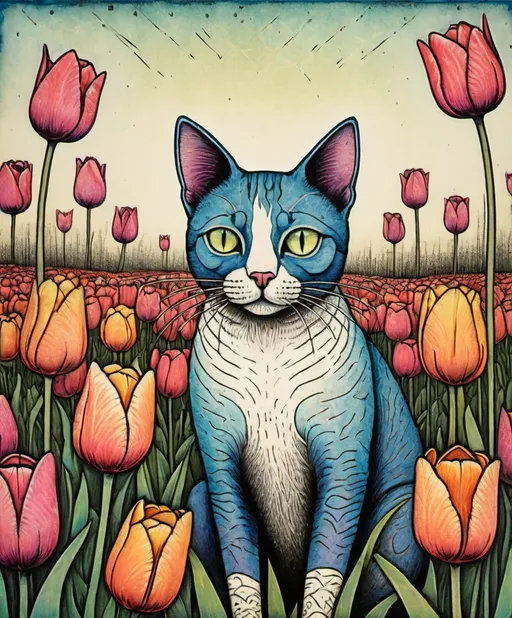 Prompt: Lithography print, intricate fine lines, gradient crossed colors, a whimsical beautiful cat in a field of tulips, piercing odd colored eyes, Marc Johns, Javier Mariscal, Charles Rennie Mackintosh  style, encaustic texture.