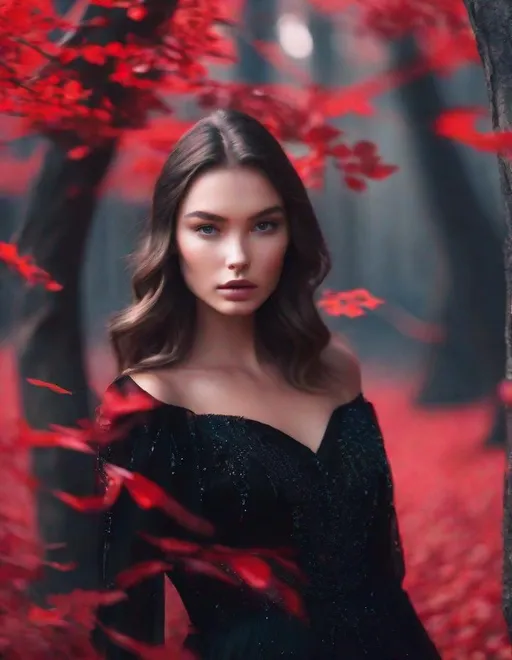 Prompt: 3/4 head shoot: A beautiful young lady, beautiful face, wearing opalescent black dress in a ghostly forest of white stem trees with red leaves, god rays through the tees, rim lighting art by Brandon Woelfel, Albert Watson,  Yves Saint-Laurent, Thomas Edwin Mostyn, Hiro isono, James Wilson Morrice, Axel Scheffler, Gerhard Richter, pol Ledent, Robert Ryman. Guache Impasto and volumetric lighting. 3/4 portrait, Mixed media, elegant, intricate, beautiful, award winning, fantastic view, 4K 3D, high definition, hdr, focused, iridescent watercolor and ink