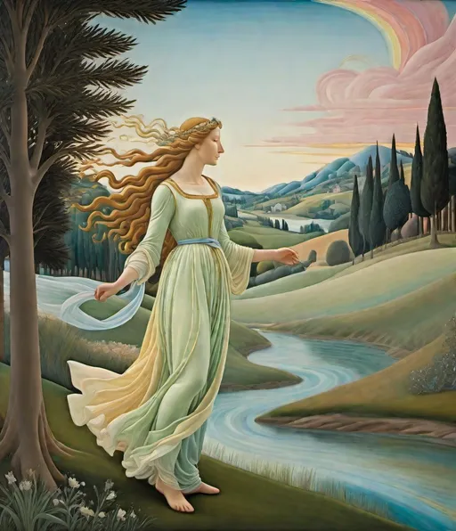 Prompt: Botticelli's post-impressionist take on Bifrost shows it as an ethereal, flowing ribbon across a Renaissance-inspired landscape. The soft brushstrokes and pastel colors create a sense of harmony and grace. This artwork is a blend of classical beauty and mythical wonder. Botticelli's Bifrost is an elegant testament to timeless legends.