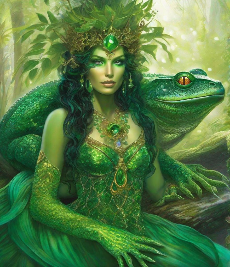 Prompt: amphibian woman with amphibious beauty with amphibious textured skin, bulging green amber eyes, crowned in jewels of emerald in her enchanted forest under the shimmering light.