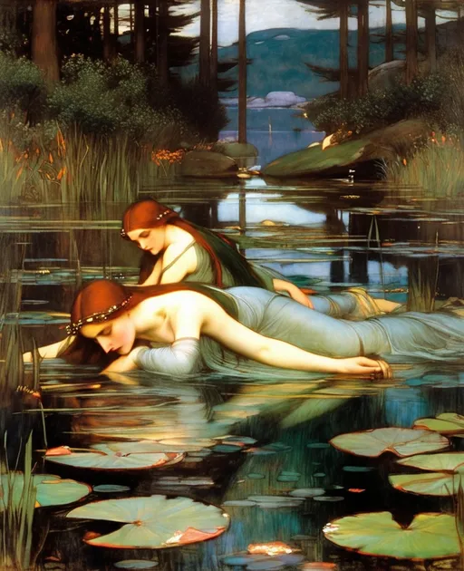 Prompt: Hylas and the *Constructivist Glitch Art* Naiads, painted by John William Waterhouse 