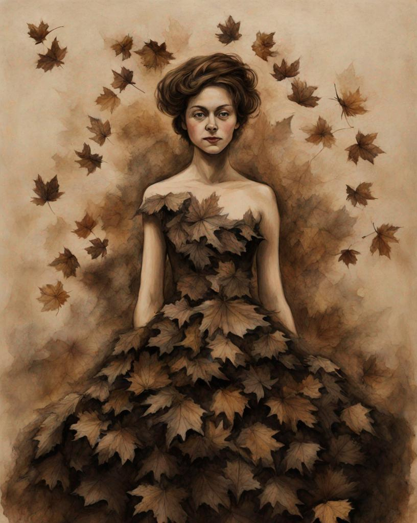 Prompt: a lady with an acherontia bodice and maple leaf dress made from dried maple leaves, a collage of charcoal drawing and natural materials on created paper, soft drawing, warm tones 