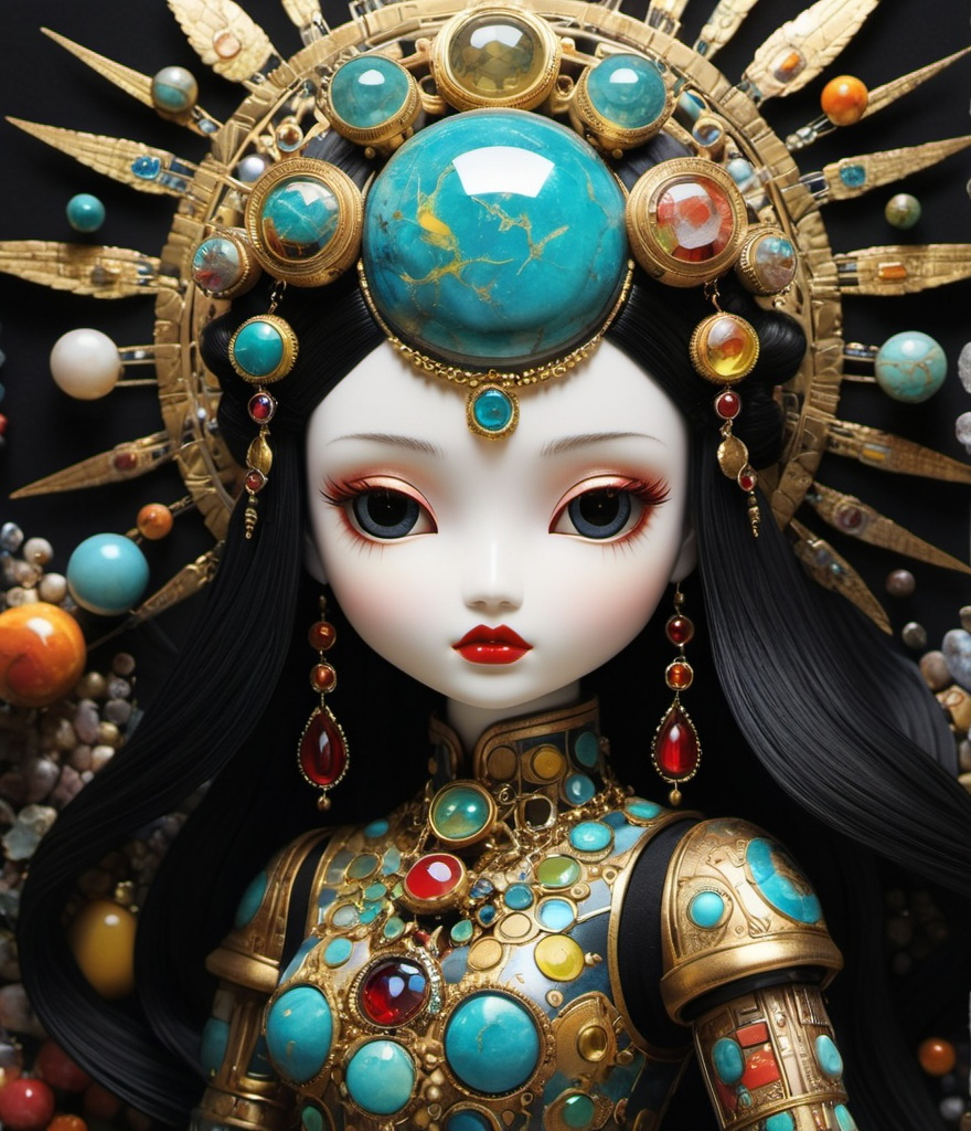 Prompt: the perfect *heliocentric* femmebot luxury doll mixing art styles from Jamie Hewlett: Nicoletta Ceccoli: Jasmine Becket Griffith: Junji Ito: Rumiko Takahashi: Takashi Murakami: Yoji Shinkawa: Basquiat: Arthur Rackham: 21st century blockprint collage archetype of cybernetic fractalized gemstone encrusted materials textures, cinematic pov 