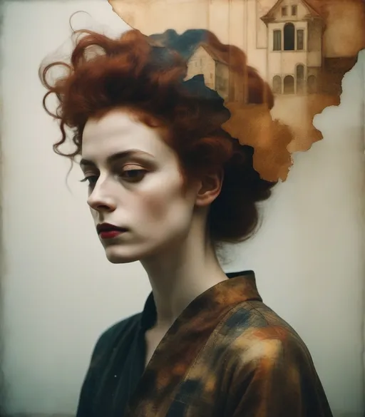 Prompt: A surreal double exposure photograph referencing Egon Schiele's expressive portraiture, with a medieval grunge interpretation that blurs the line between the subject's beautiful inner emotions and the decaying surroundings